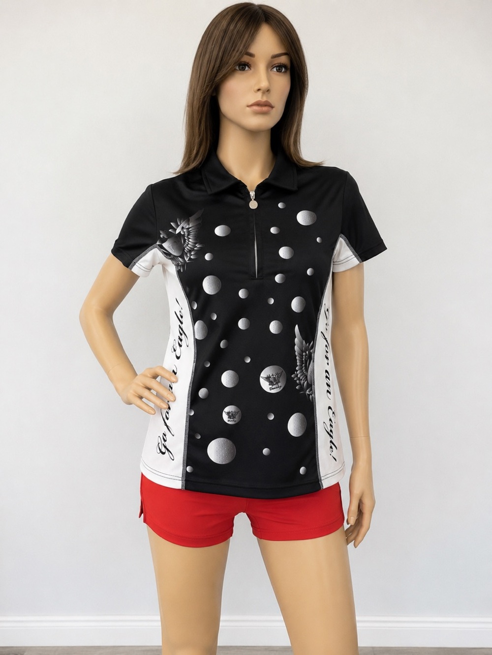 Women’s Black & White Sport Polo Shirt Short Sleeve Athletic Top Graphic Print S
